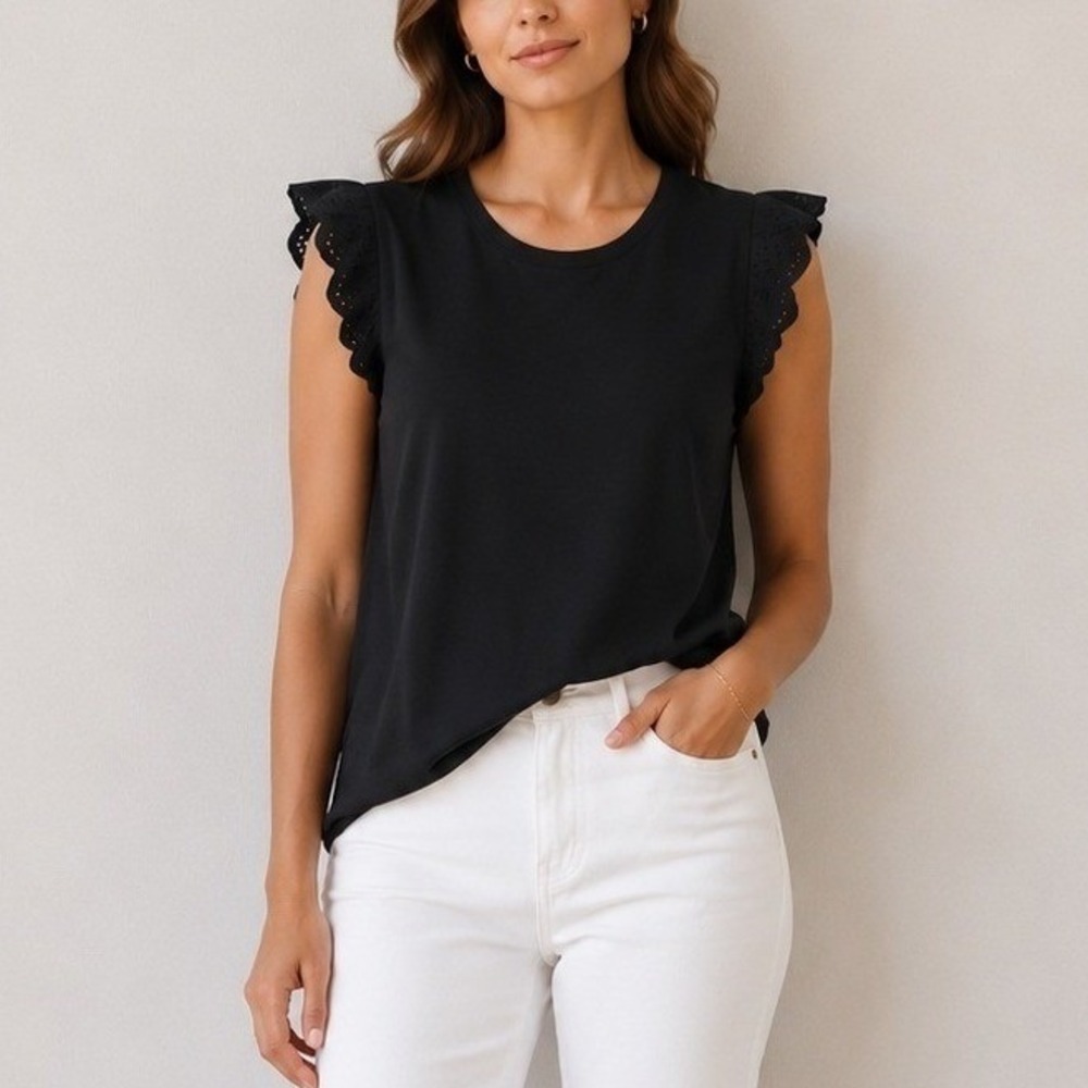 C&C California Black Tank Top Eyelet Trim Cotton Rayon Sleeveless | Size M